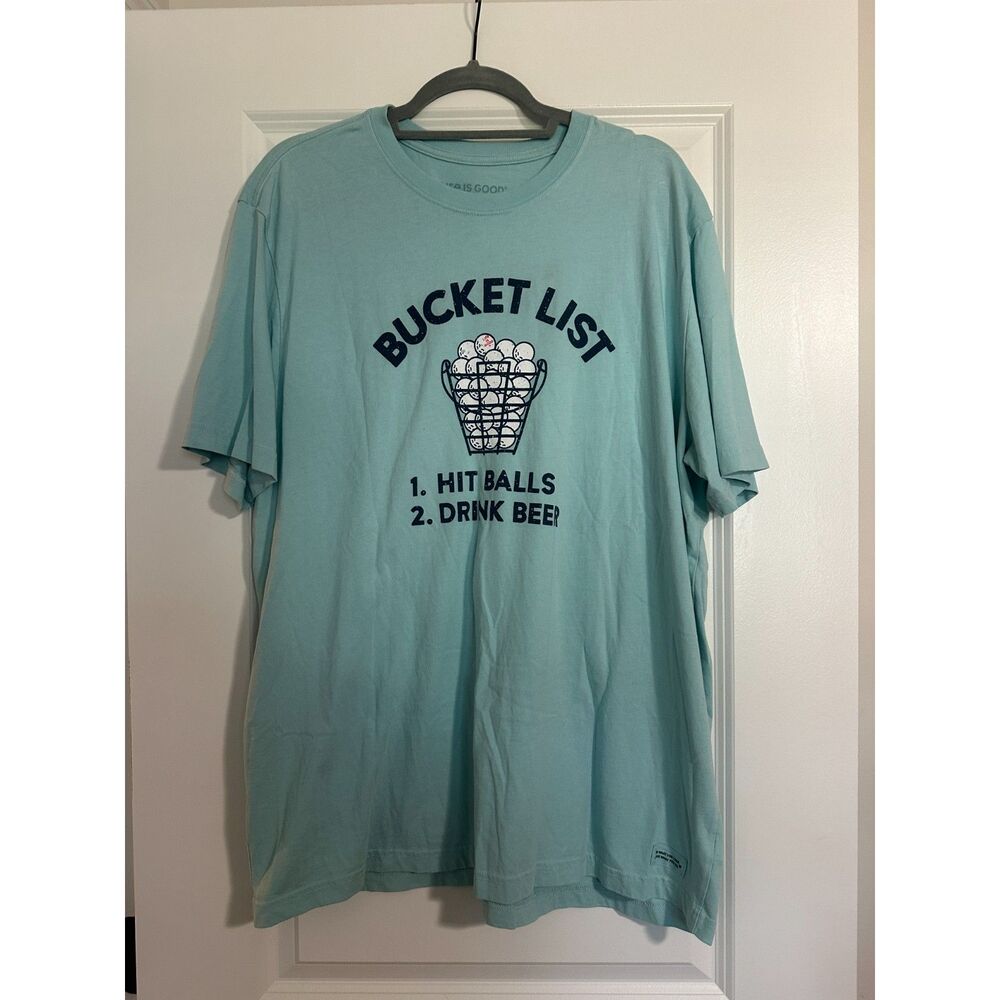 Life Is Good Bucket List Golf Graphic T-Shirt | Men's XL | Blue Green